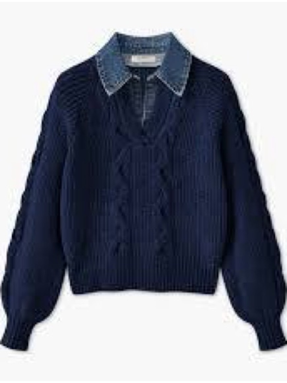 Commense Navy Cable-Knit V-Neck Sweater with Denim Collar